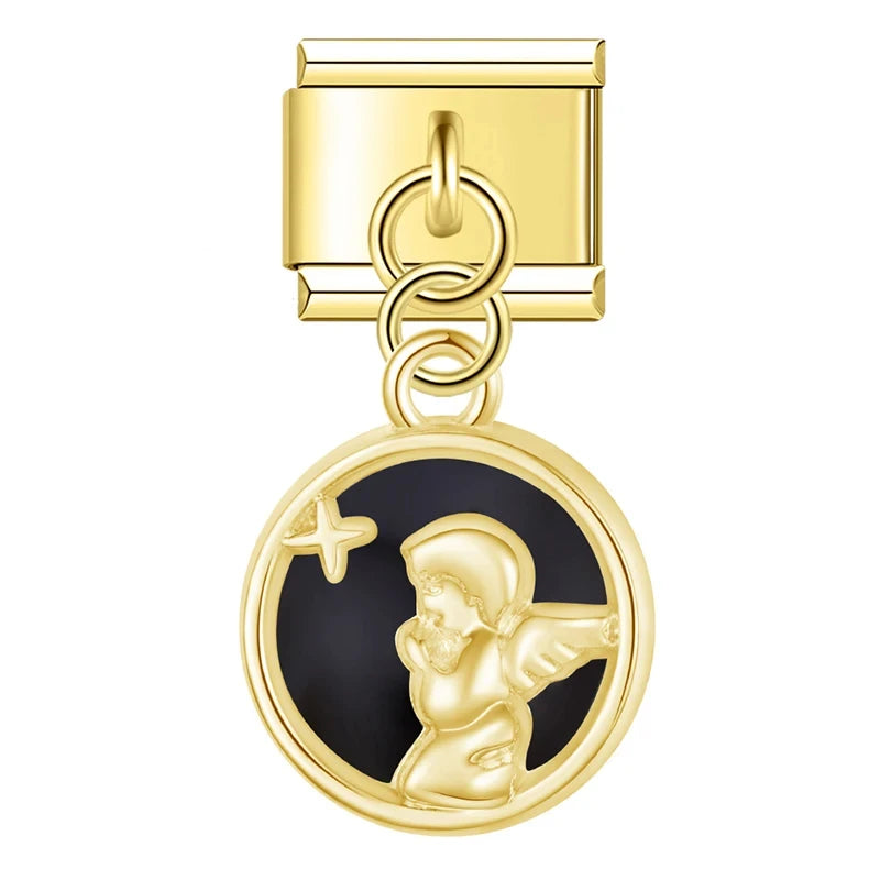 Charm Pendant Medalhão Preto Anjinho Gold - Blisca®