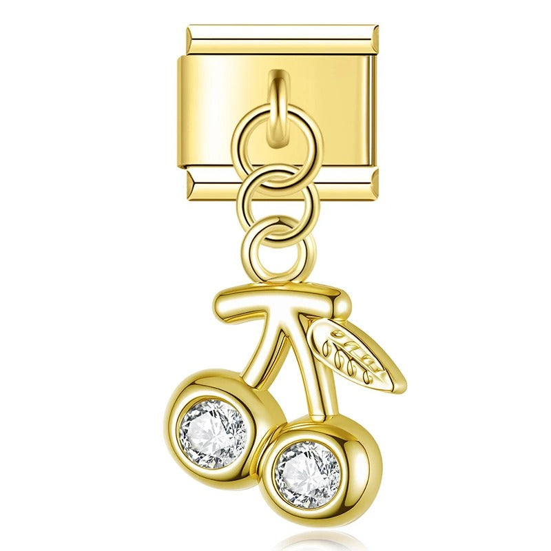 Charm Pendant Cereja com Brilhantes Brancos Gold - Blisca