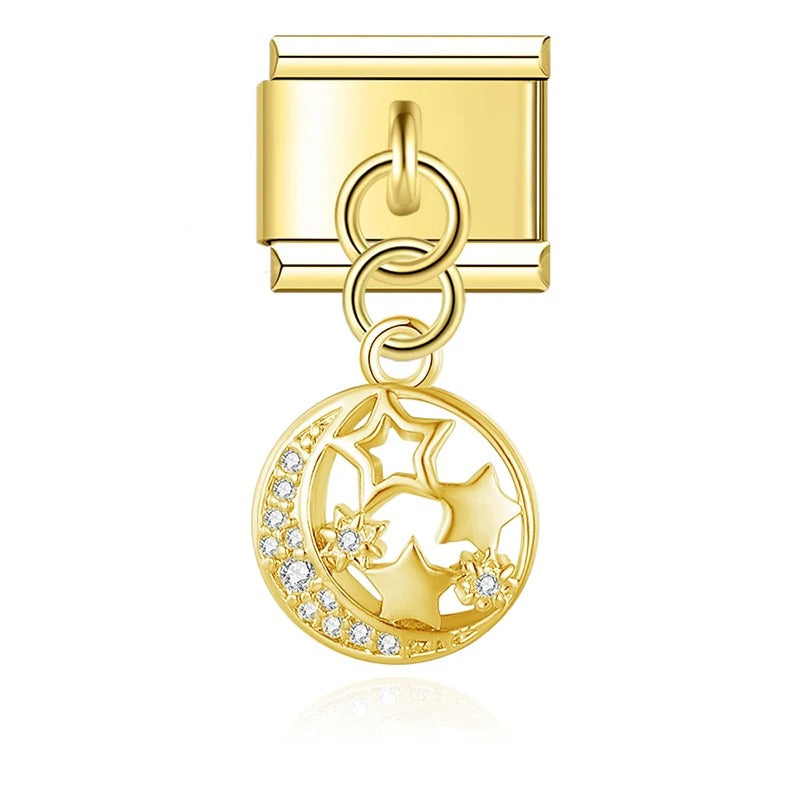 Charm Pendant Lua Cravejada e Estrelas Gold - Blisca®